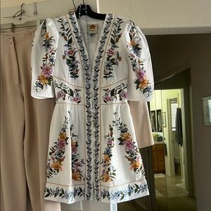 FARM Rio White Cream Mini Dress Puff Sleeve Plunge